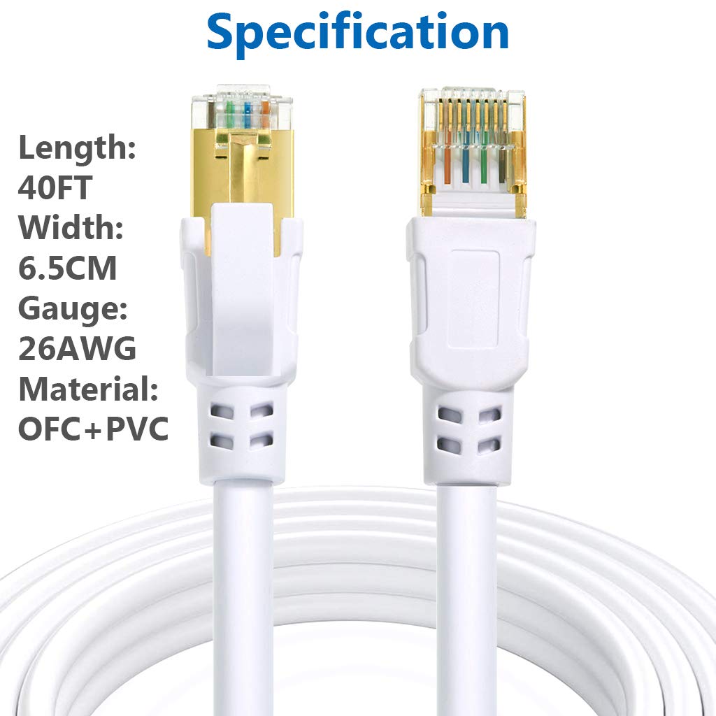 Qifguo Cat 8 Ethernet Cable 40Ft Internet Network Lan Patch Cable Cord Shielded High Speed 40Gbps 2000Mhz Rj45 Cables For Gaming, Router, Ps4, Xbox   Compatible With Cat7/Cat6A/Cat5E Network   White
